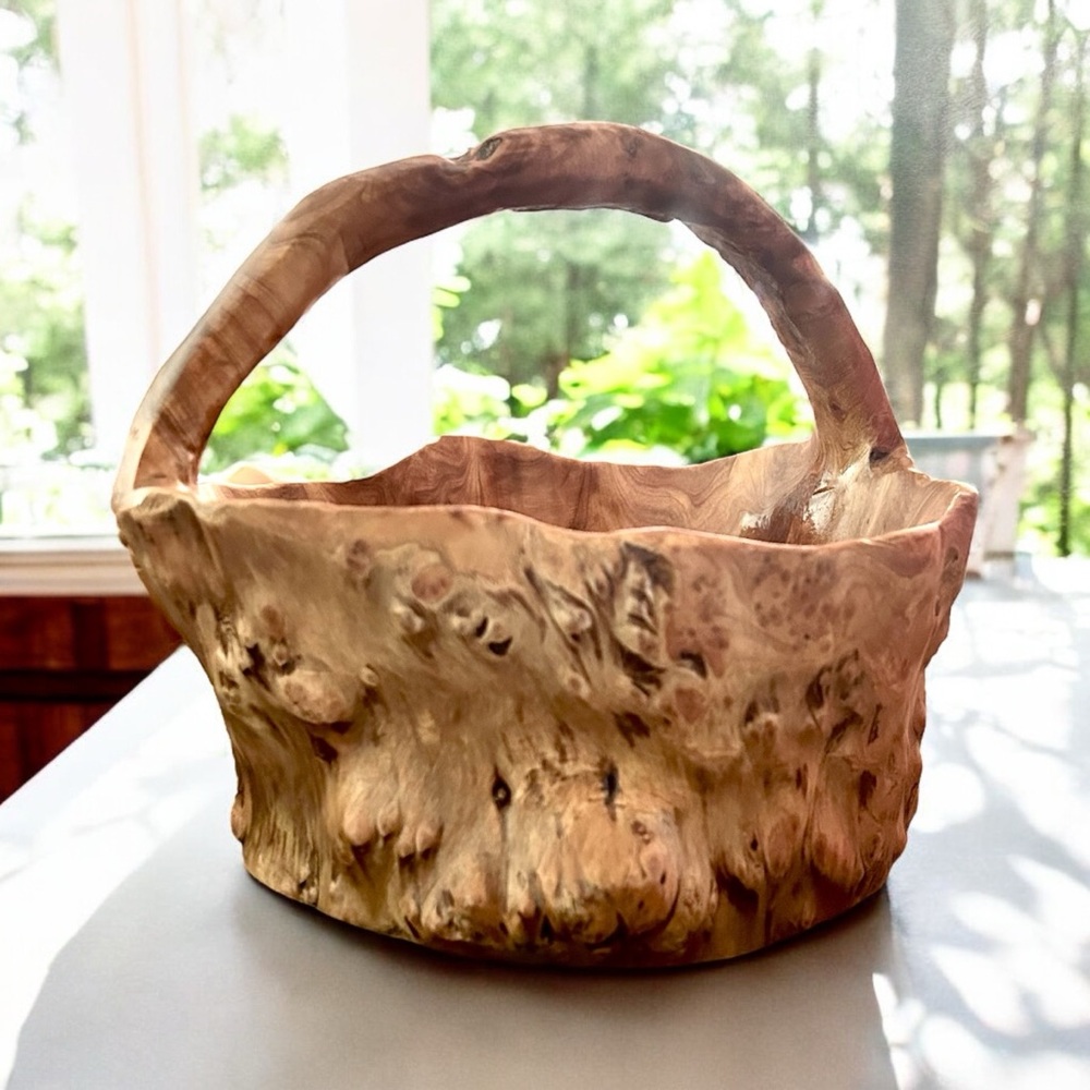 Large vintage carved wooden burled basket bowl. Root wood decorative basket.